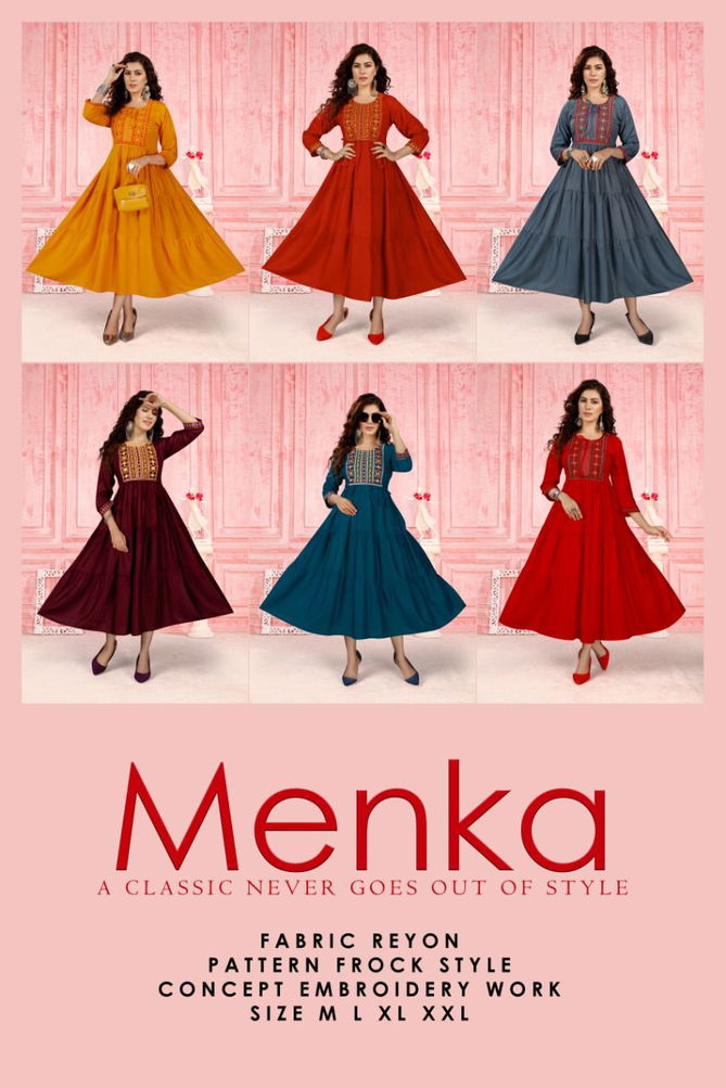 Beauty Menka New Fancy Festive Wear Heavy Rayon Long Fancy Kurti Collection